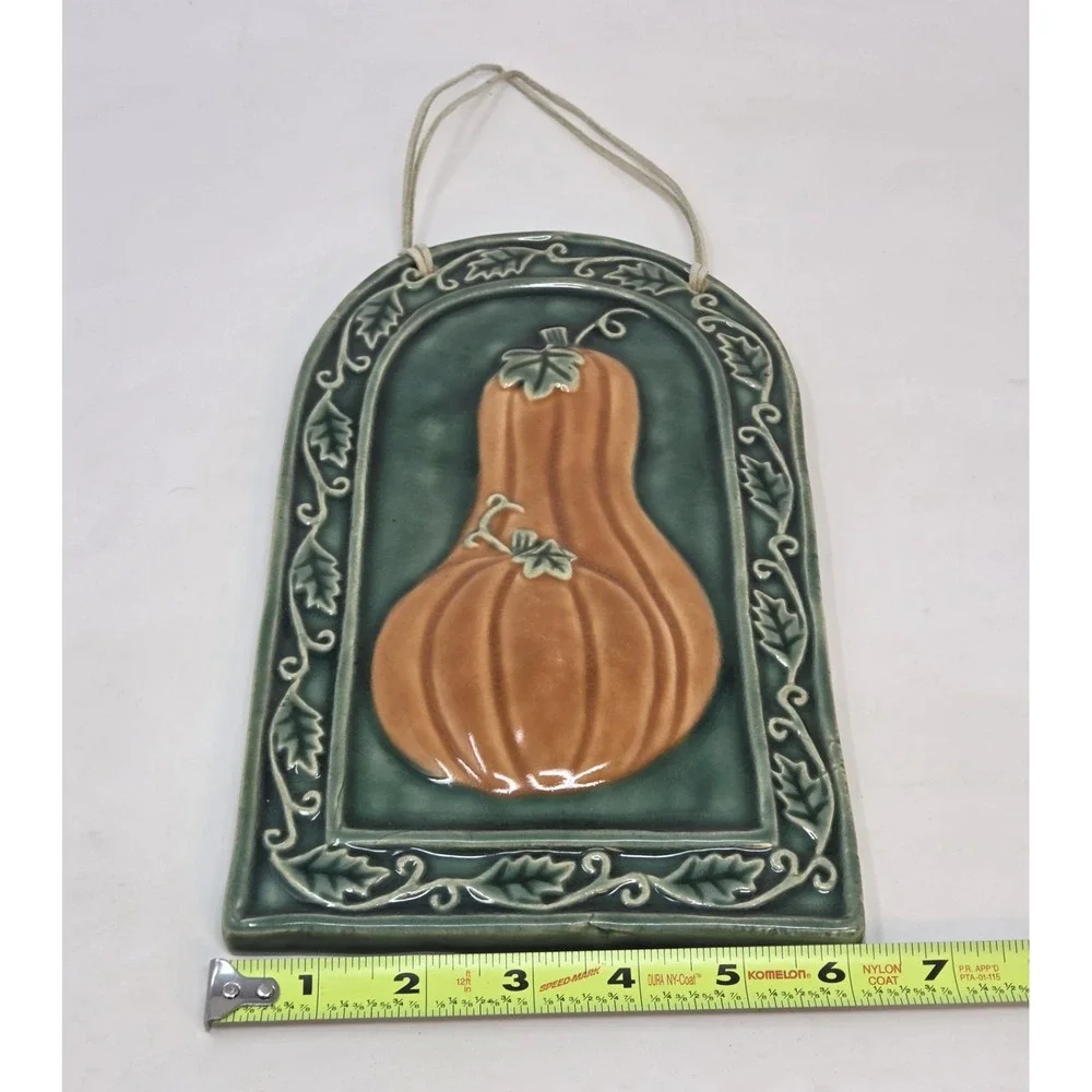 Ceramic Gourd Wall Tile Hanging Plaque Fall Harvest Handmade Green 10x6